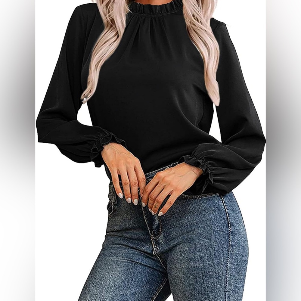 Ruffle Hem Long Sleeve Mock Neck Blouse